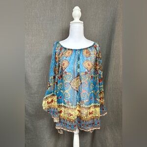 Women’s Boho Sheer Blue Printed Top, Size: 2X, NWOT